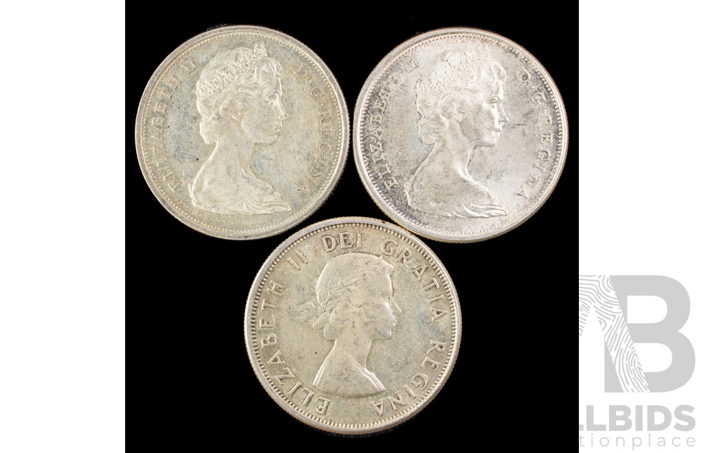 Three Canadian Silver Fifty Cent Coins 1964, 1965, 1966 .800