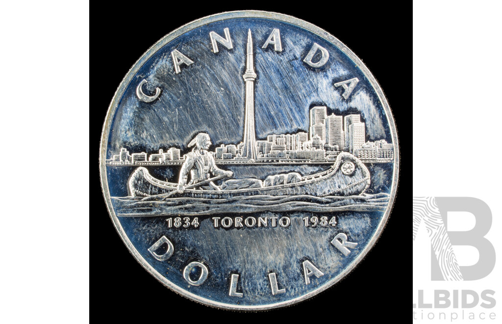 Canada 1984 Silver One Dollar Coin, Commemorative 150th Anniversary of Toronto .500