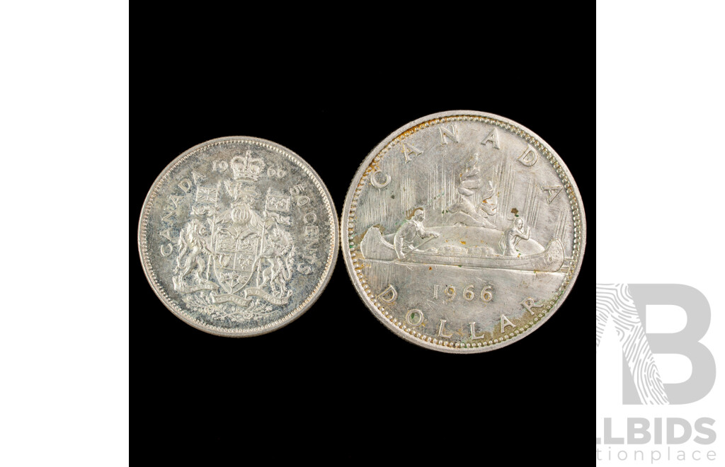 Canada 1966 Silver Dollar and Fifty Cent Coins .800