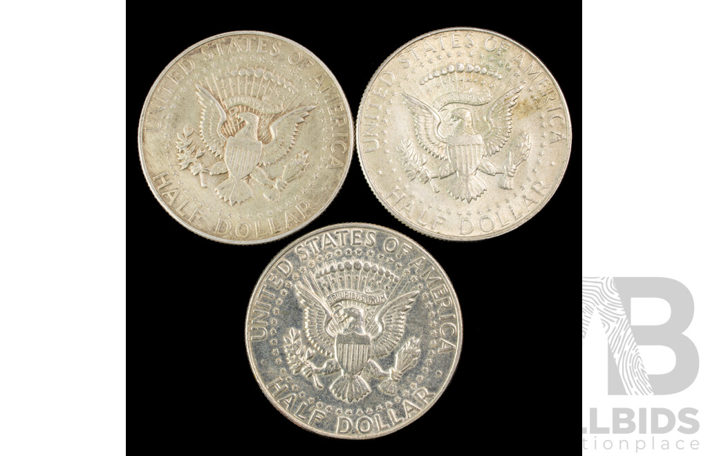 Three USA Silver Kennedy Half Dollars 1965, 1966, 1967 .400