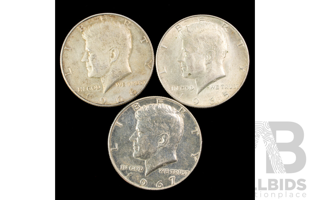 Three USA Silver Kennedy Half Dollars 1965, 1966, 1967 .400