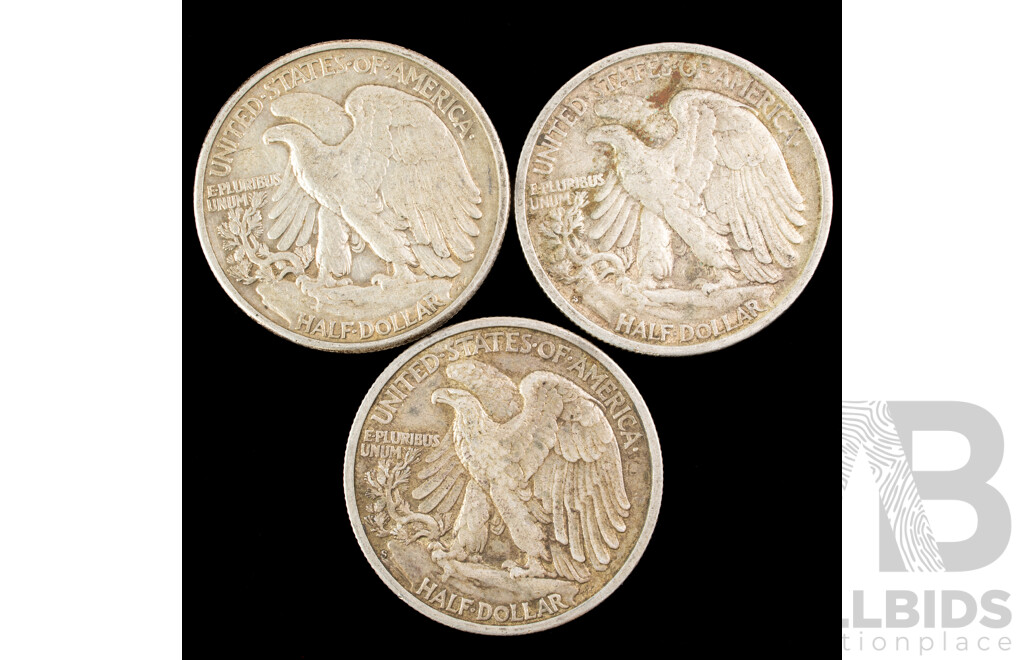 Three USA Silver Half Dollars, Liberty Walking 1939, 1941, 1942 .900