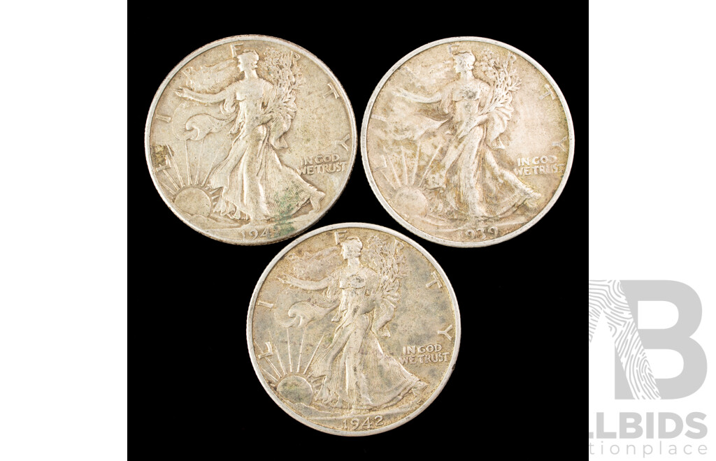 Three USA Silver Half Dollars, Liberty Walking 1939, 1941, 1942 .900