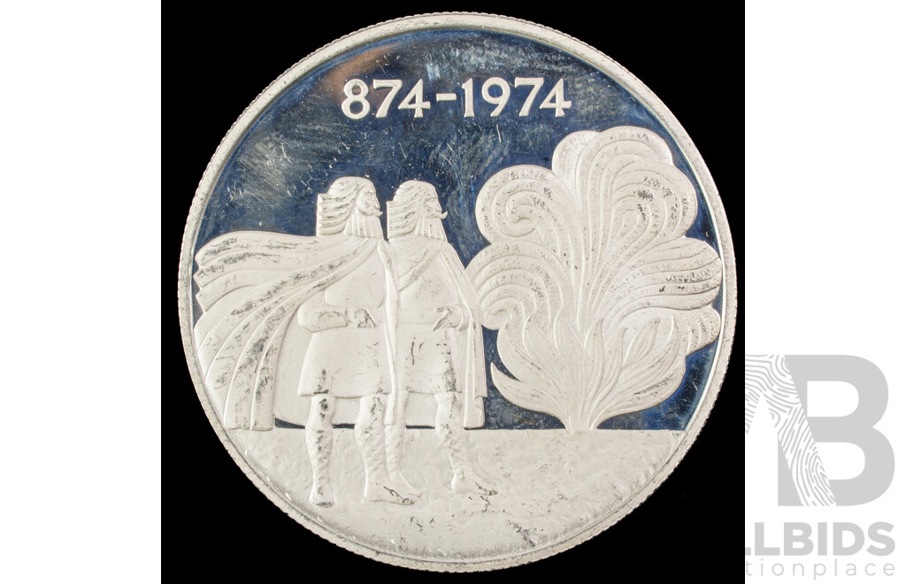 Iceland 1974 Silver One Thousand Kronur Coin, Commemorative 1100th Anniversary of the First Settlement on the Island .925