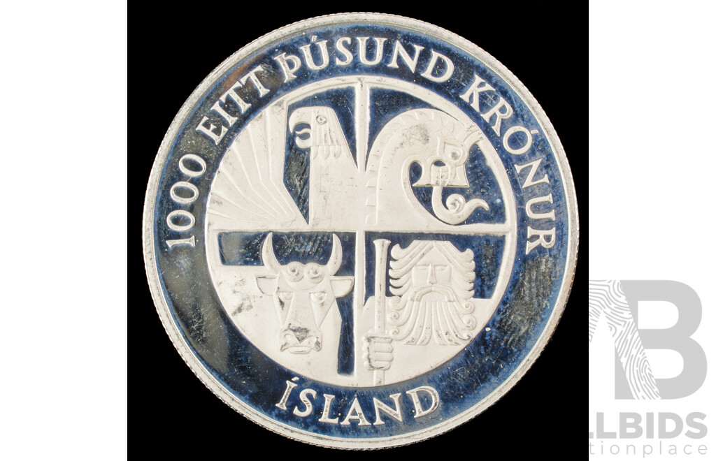 Iceland 1974 Silver One Thousand Kronur Coin, Commemorative 1100th Anniversary of the First Settlement on the Island .925