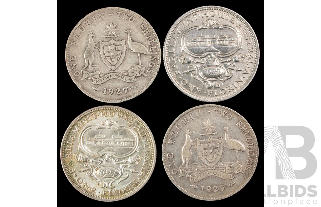 Four Australian 1927 Silver KGV Florins, Two Commemorative, Two Standard Issue .925