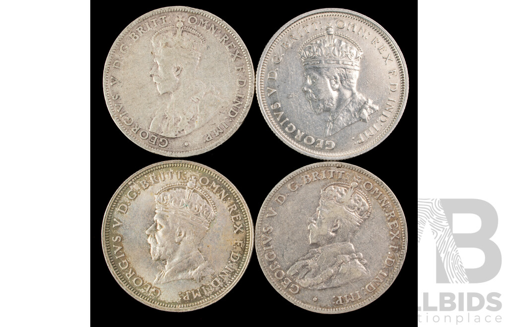 Four Australian 1927 Silver KGV Florins, Two Commemorative, Two Standard Issue .925