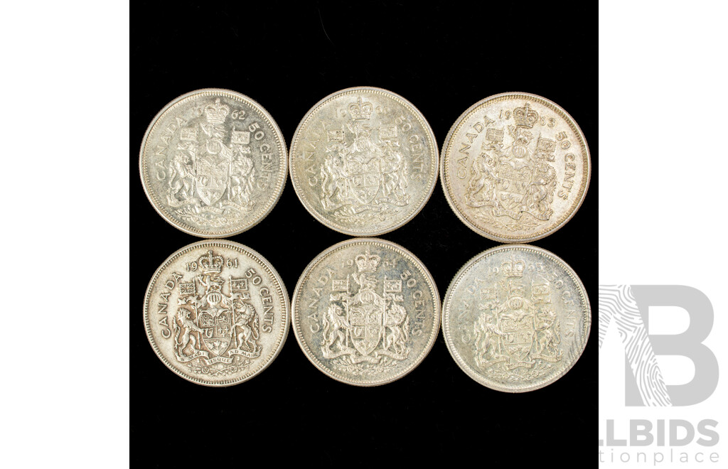 Six Canada QE2 Silver Fifty Cents 1961, 1962, 1963, 1964, 1965, 1966  .800