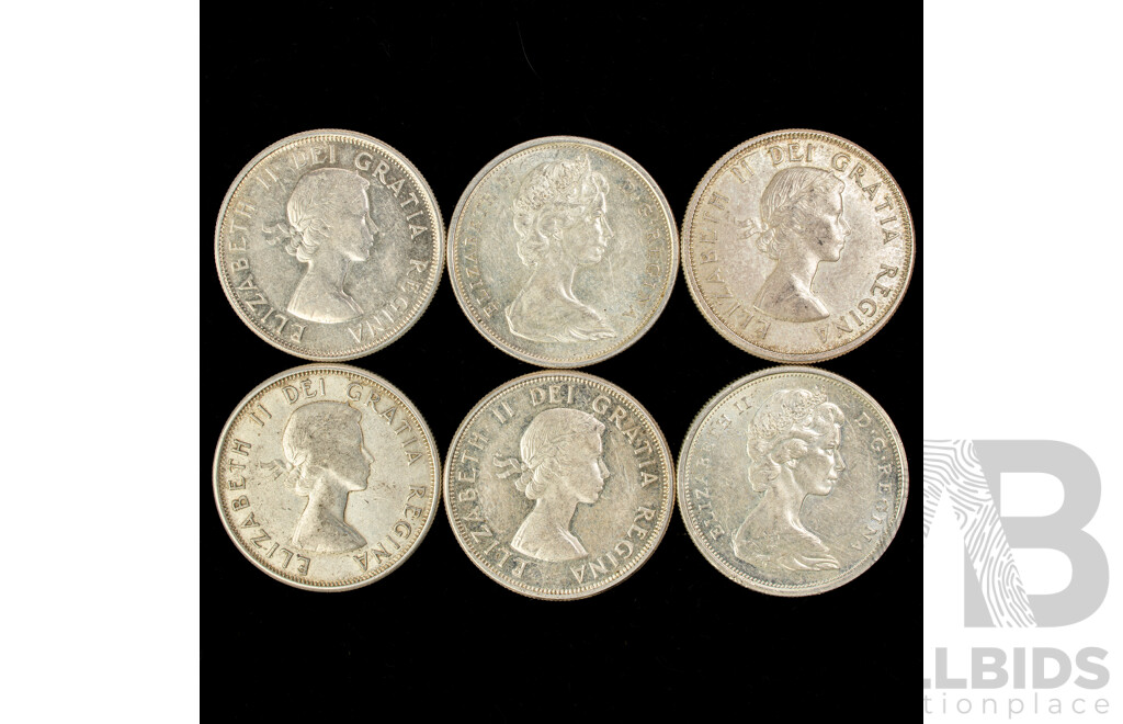 Six Canada QE2 Silver Fifty Cents 1961, 1962, 1963, 1964, 1965, 1966  .800