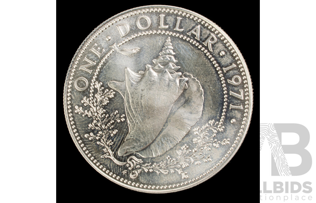 Bahama Islands 1971 QE2 Silver Dollar Coin, Conch Shell .800