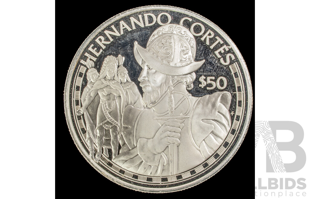 Cook Islands 1988 Silver Fifty Dollar Coin, Great Explorers Series - Hernando Cortés .925