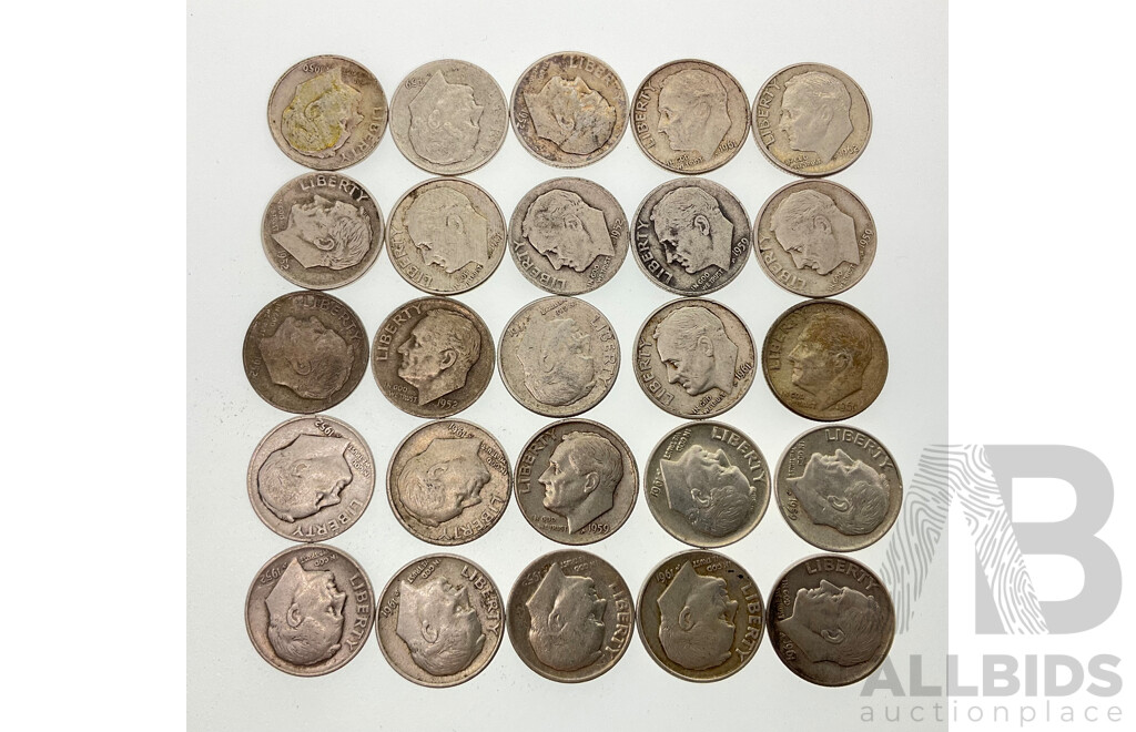 Twenty Five USA 1950's/60's Silver Roosevelt Dimes, Phildelphia and Denver Mints .900