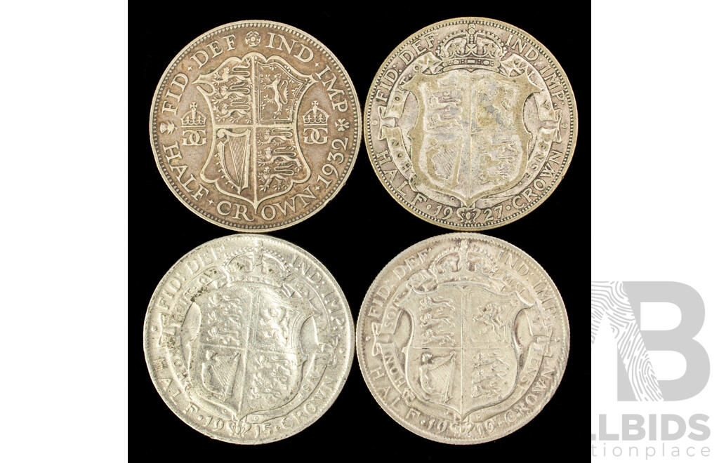 Four United Kingdom Silver KGV Half Crowns Including 1915, 1919, 1927, 1932 .925
