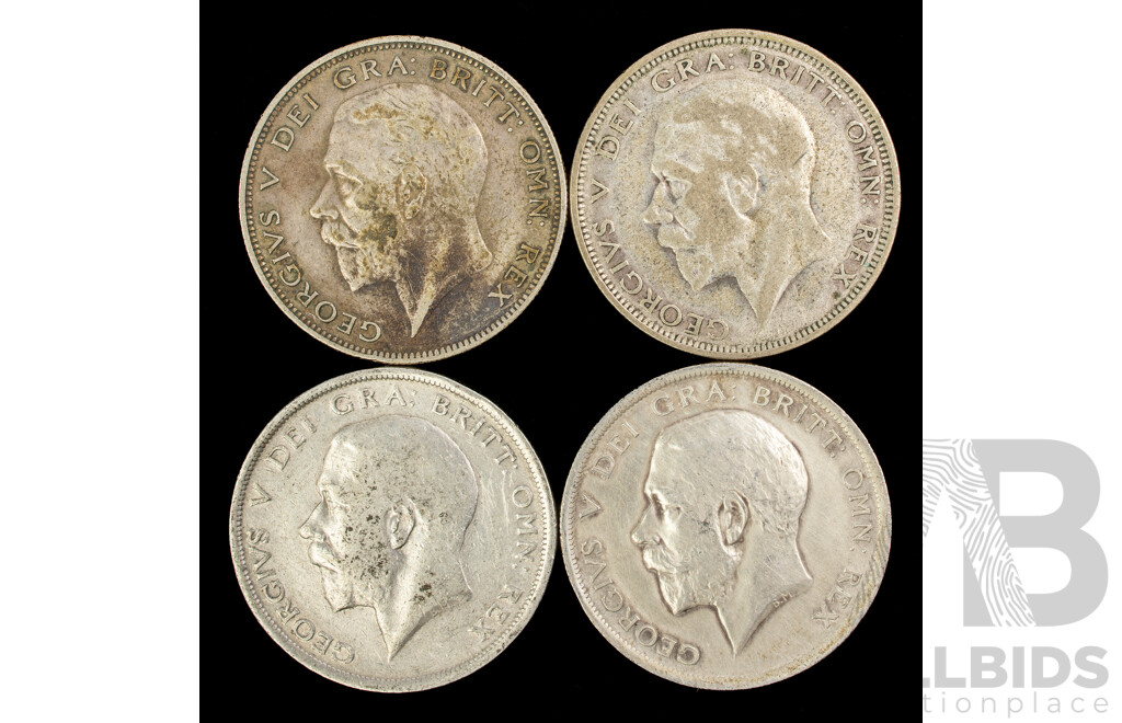 Four United Kingdom Silver KGV Half Crowns Including 1915, 1919, 1927, 1932 .925