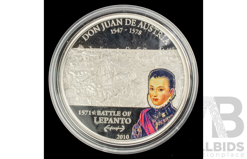 Cook Islands 2010 Silver Five Dollar Coin, Don Juan De Austria 1571 Battle of Lepanto .925
