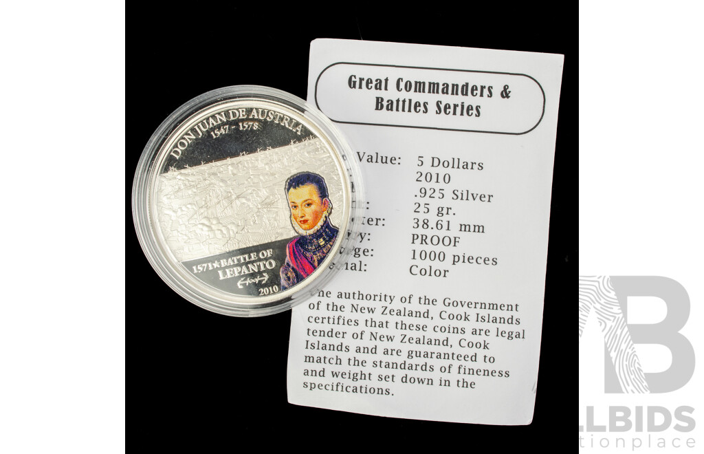 Cook Islands 2010 Silver Five Dollar Coin, Don Juan De Austria 1571 Battle of Lepanto .925