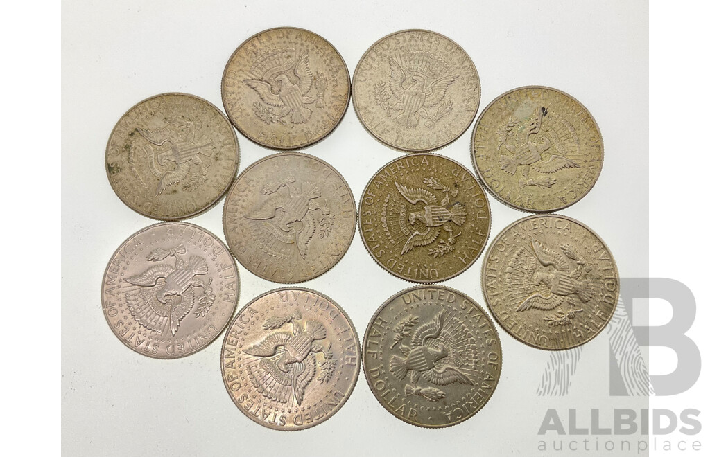 Five USA Silver Kennedy Half Dollars, 1964(2) 1965(2) 1966(2) 1967(4) .400