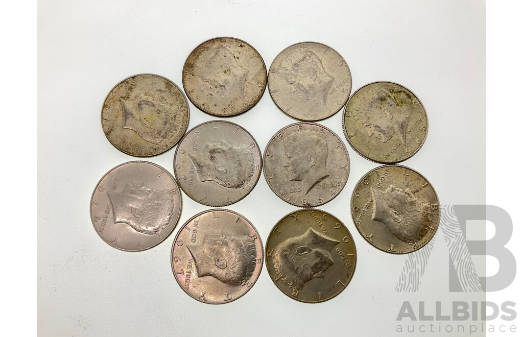 Five USA Silver Kennedy Half Dollars, 1964(2) 1965(2) 1966(2) 1967(4) .400