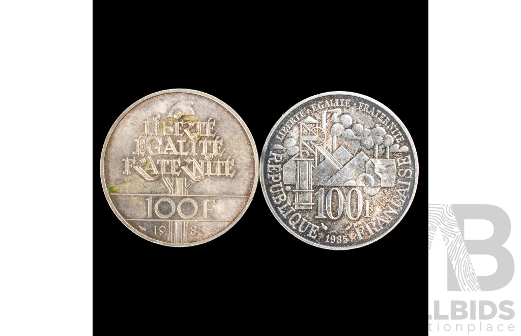 France 1985 and 1986  Silver One Hundred Francs Coins, 100th Anniversary of Emile Zola's Novel 'Germinal' and 100th Anniversary of the Statue of Liberty .900