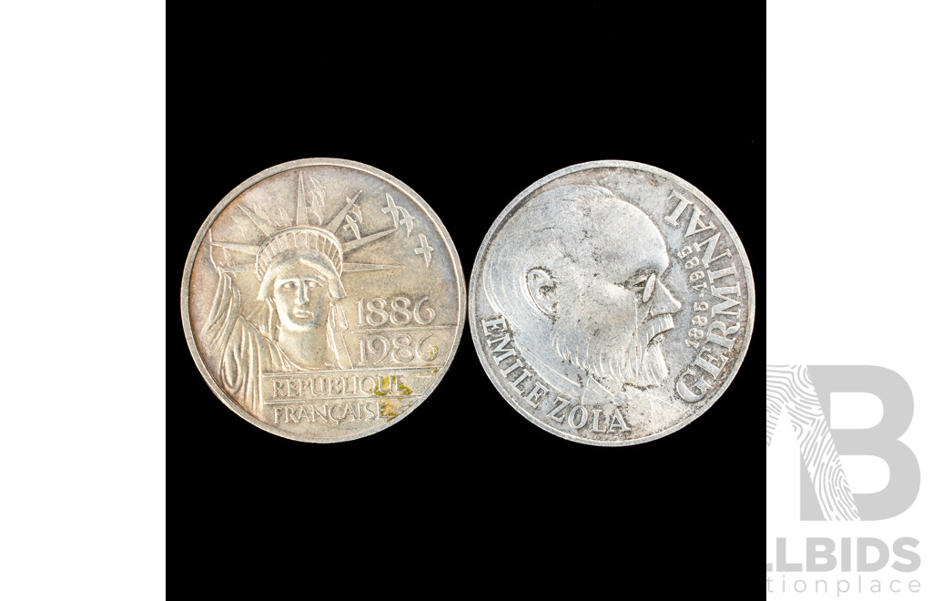 France 1985 and 1986  Silver One Hundred Francs Coins, 100th Anniversary of Emile Zola's Novel 'Germinal' and 100th Anniversary of the Statue of Liberty .900