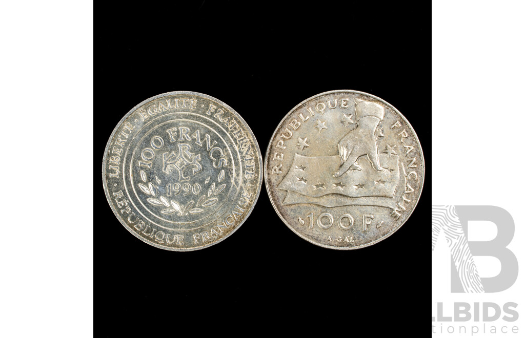 France 1990 and 1991 Silver One Hundred Francs Coins, 395th Anniversary Birth of René Descartes and Charlemagne  .900