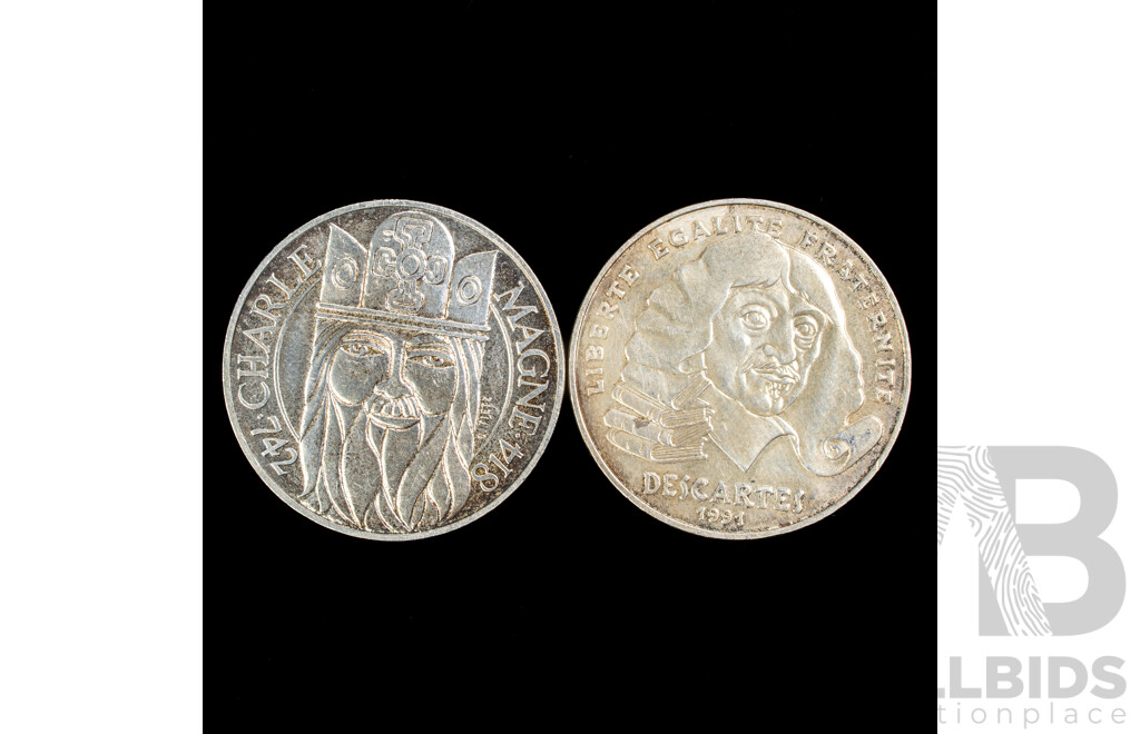 France 1990 and 1991 Silver One Hundred Francs Coins, 395th Anniversary Birth of René Descartes and Charlemagne  .900
