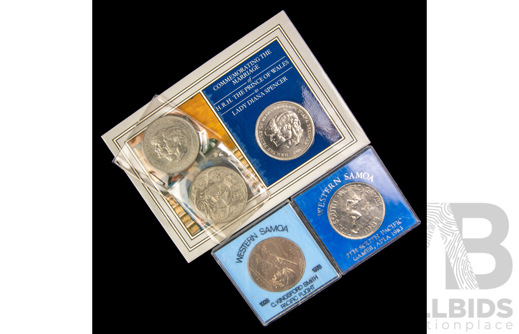 Collection of Commonwealth Commemorative Coins Including UK Crowns, 1977 Jubilee, Two 1981 Charles and Diana, Samoa 1983 and 1978 One Dollars