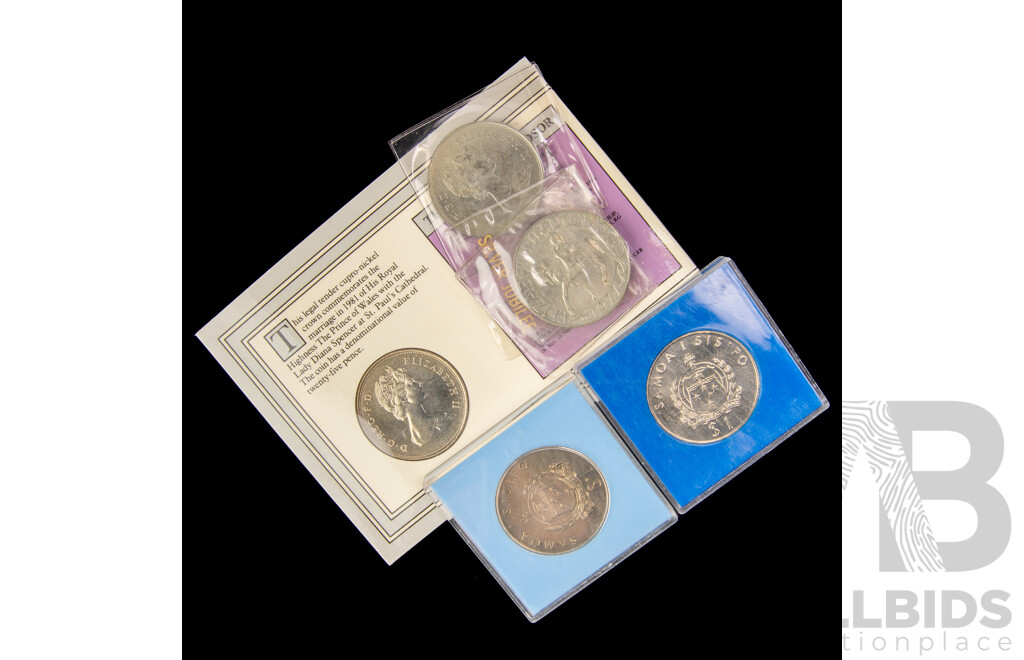Collection of Commonwealth Commemorative Coins Including UK Crowns, 1977 Jubilee, Two 1981 Charles and Diana, Samoa 1983 and 1978 One Dollars