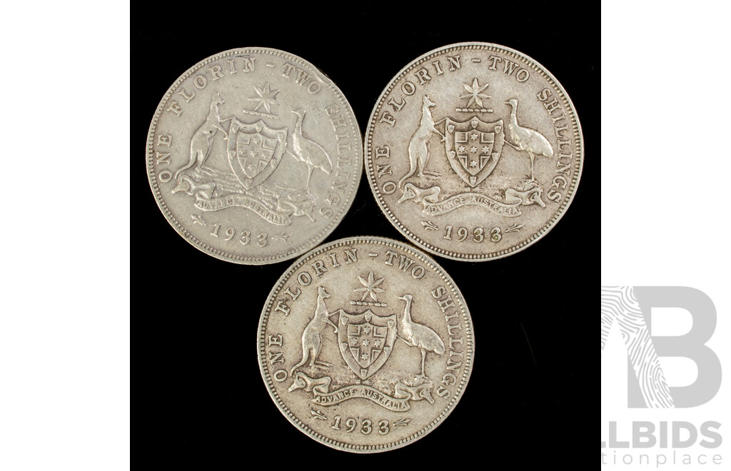 Three Australian 1933 KGV Silver Florins .925