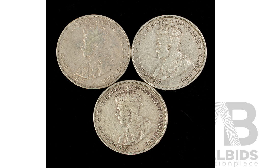 Three Australian 1933 KGV Silver Florins .925