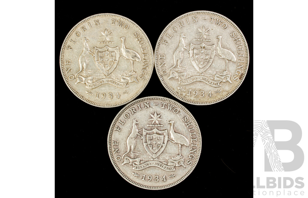 Three Australian 1934 KGV Silver Florins .925