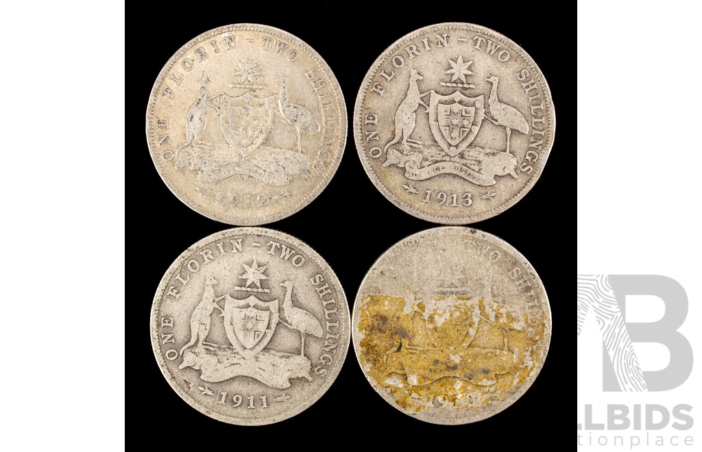 Four Australian KGV Silver Florins, 1910, 1911, 1912, 1913  .925