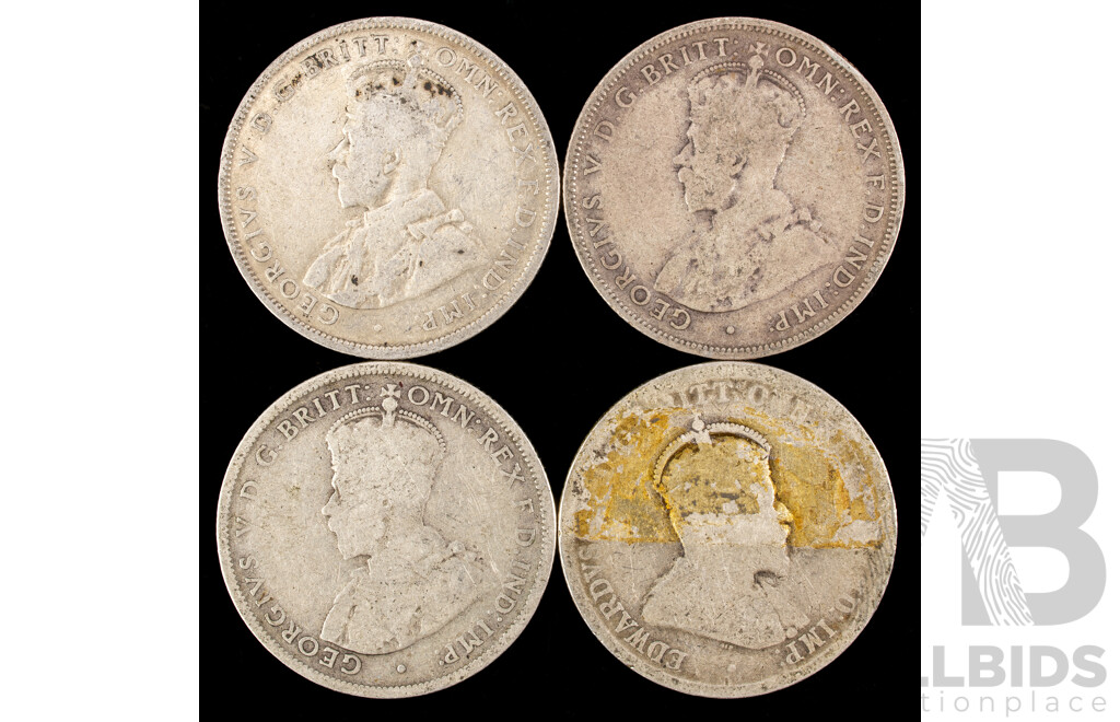 Four Australian KGV Silver Florins, 1910, 1911, 1912, 1913  .925