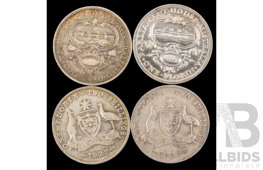 Four Australian 1927 KGV Silver Florins, Two Commemorative, Two Standard Issue .925