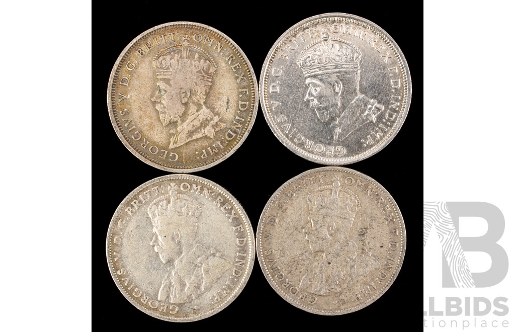 Four Australian 1927 KGV Silver Florins, Two Commemorative, Two Standard Issue .925