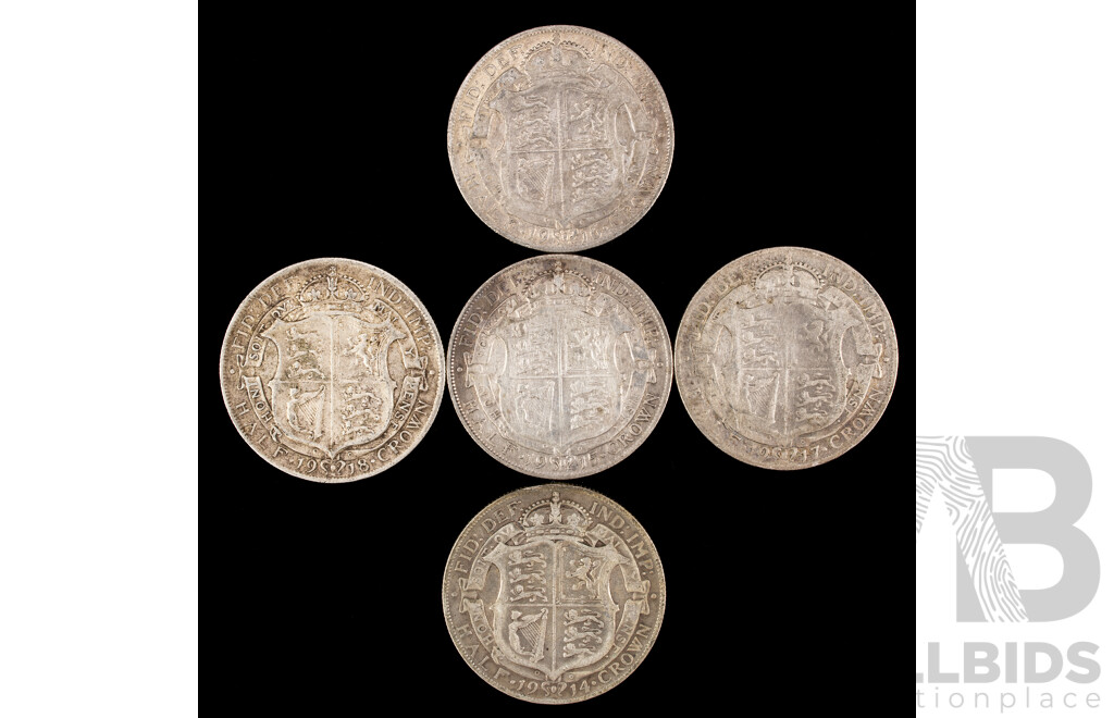 Five Great Britain KGV Silver Half Crowns, Consecutive 1914 to 1919  .925