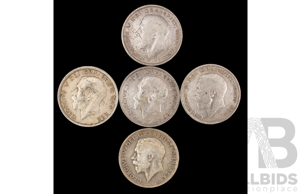 Five Great Britain KGV Silver Half Crowns, Consecutive 1914 to 1919  .925
