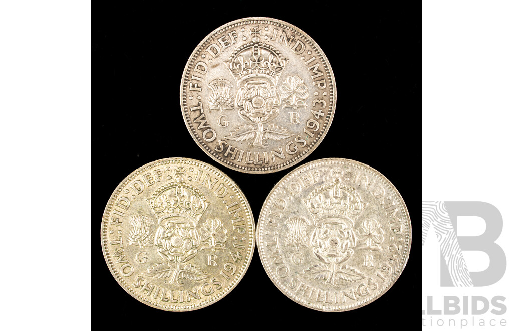 Three Great Britain KGV Silver Two Shillings, 1941, 1942, 1943  .500