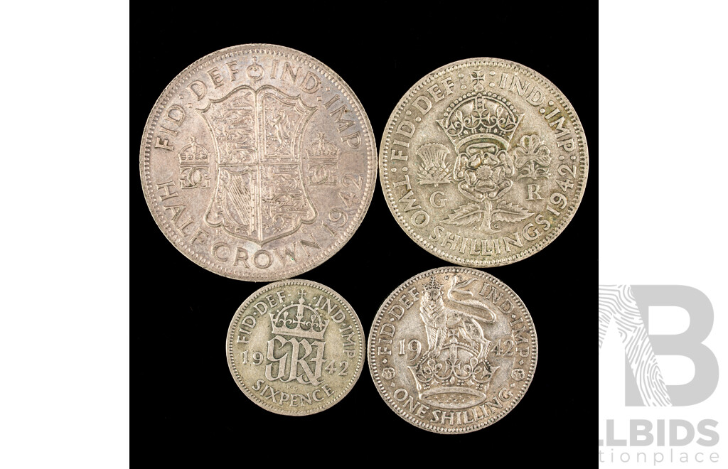 Great Britain 1942 KGVI Silver Half Crown, Two Shillings, One Shilling, Sixpence .500