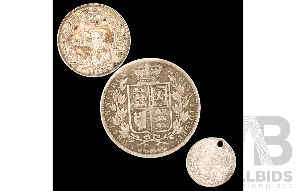 Great Britain QV Silver Coins Including 1883 Half Crown, 1885 One Shilling, 1861 Threepence  .925