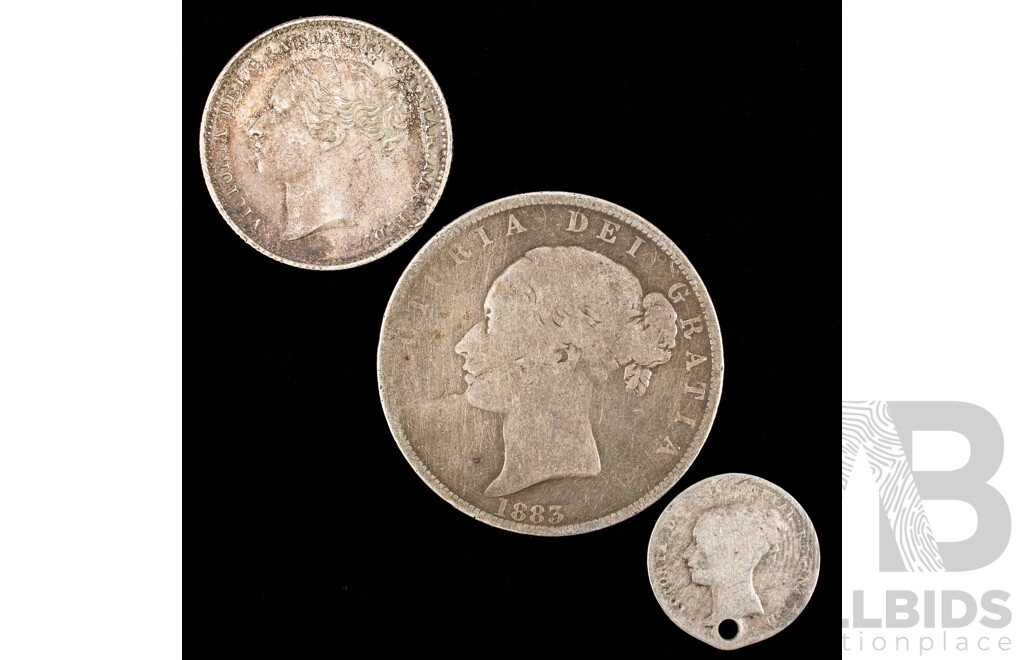 Great Britain QV Silver Coins Including 1883 Half Crown, 1885 One Shilling, 1861 Threepence  .925