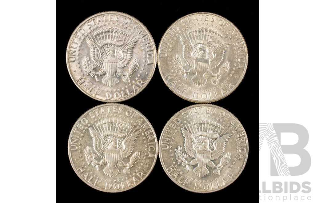 Four USA Silver Kennedy Half Dollars, Consecutive 1964 to 1967  .900/.400