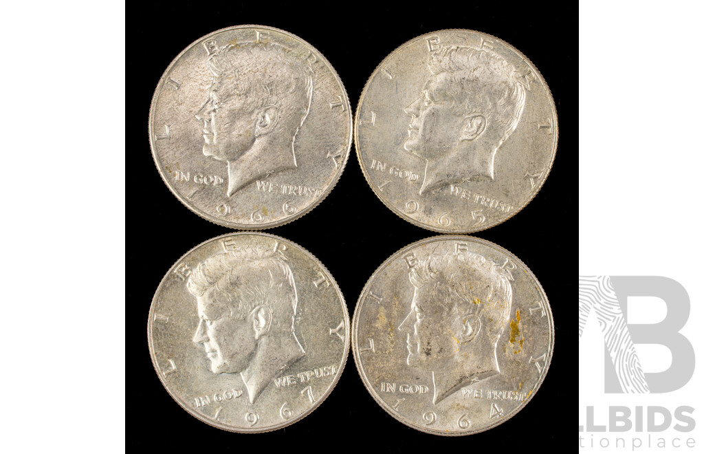 Four USA Silver Kennedy Half Dollars, Consecutive 1964 to 1967  .900/.400