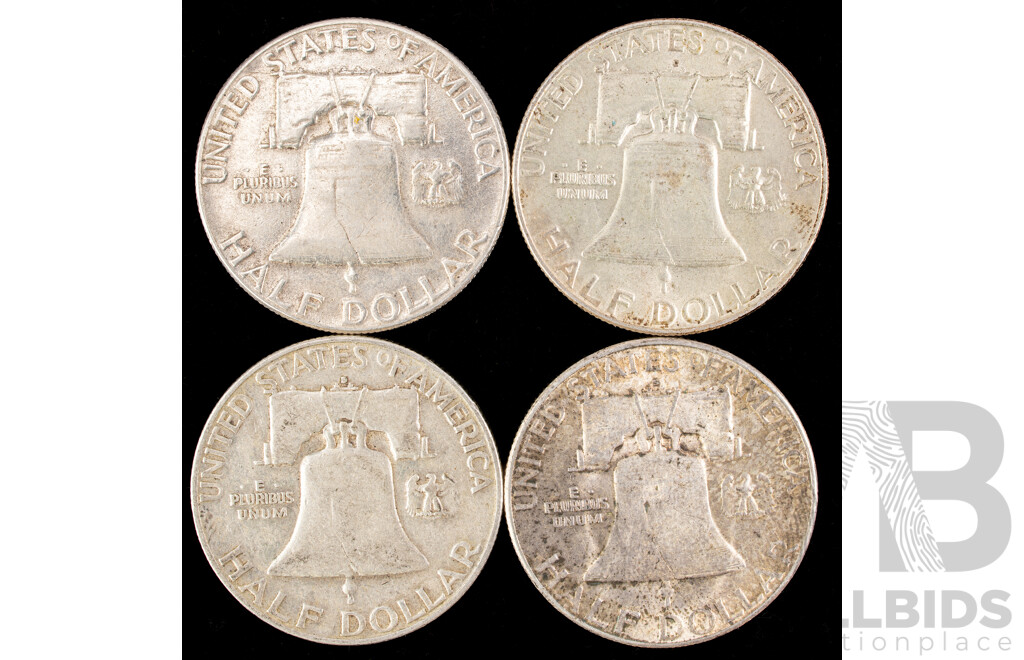Four USA Silver Franklin Half Dollars, Consecutive 1951 to 1954  .900