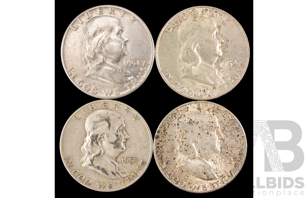 Four USA Silver Franklin Half Dollars, Consecutive 1951 to 1954  .900