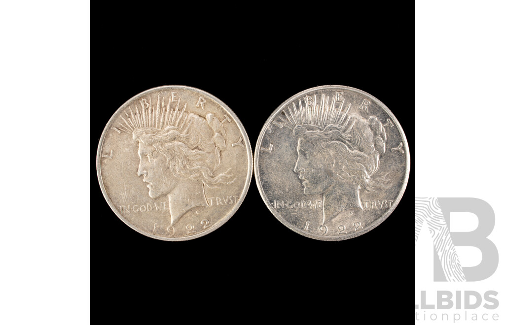 Two USA 1922 Silver Peace Dollar Coins San Fransisco and Philadelphia Mints .900