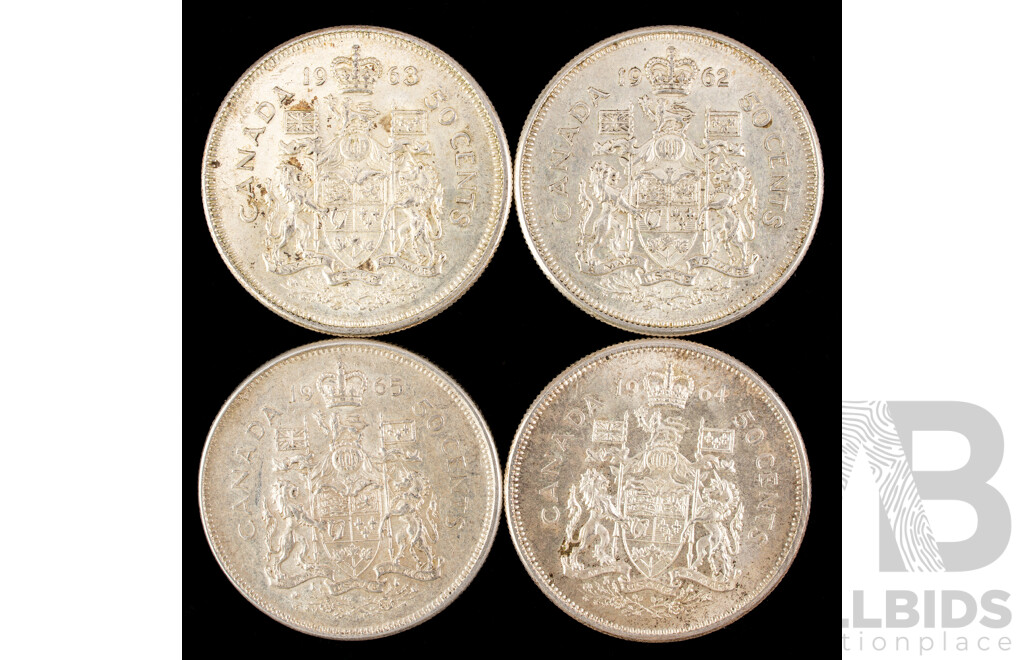 Four Canada Silver Fifty Cent Coins, Consecutive 1962 to 1965 .800