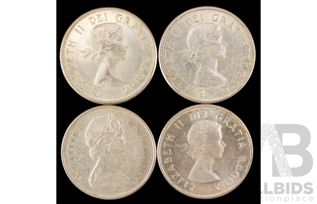 Four Canada Silver Fifty Cent Coins, Consecutive 1962 to 1965 .800