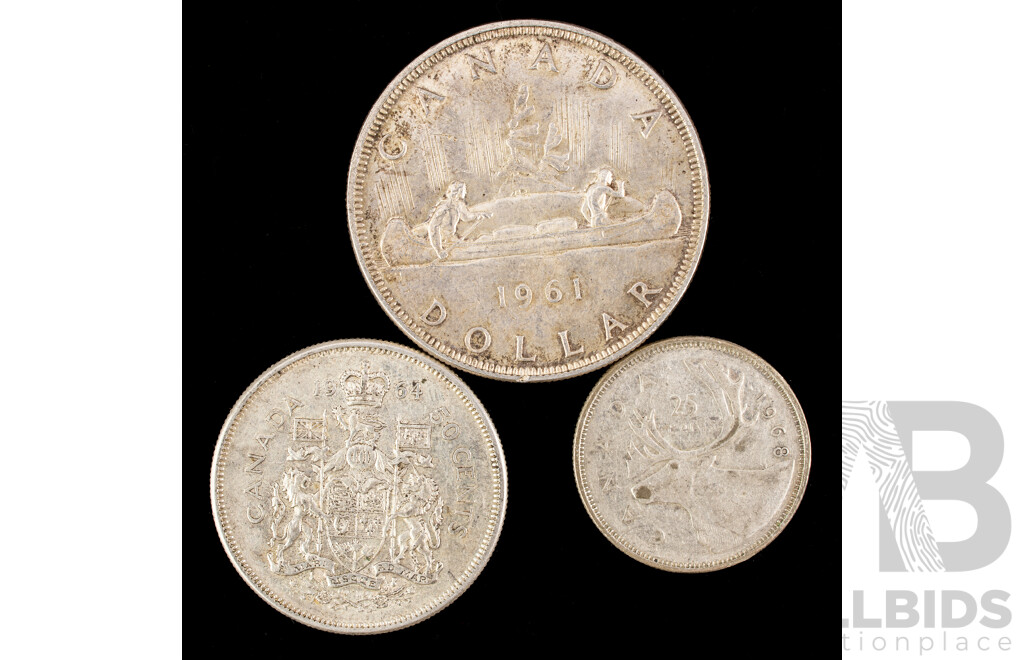 Canada 1961 Silver One Dollar, Fifty Cent and Twenty Five Cent Coins .800