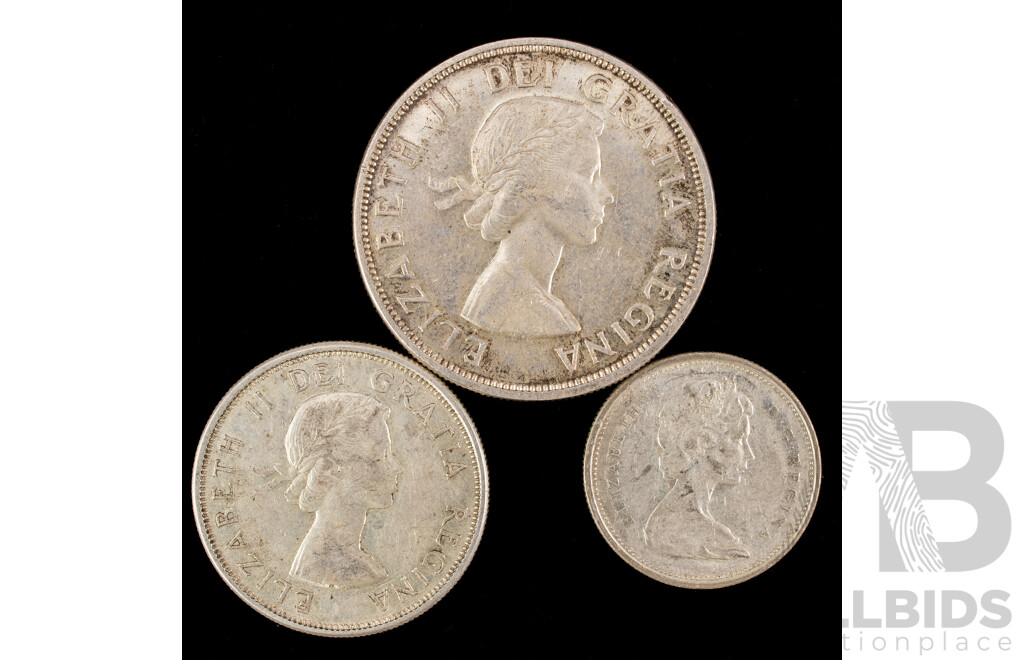 Canada 1961 Silver One Dollar, Fifty Cent and Twenty Five Cent Coins .800